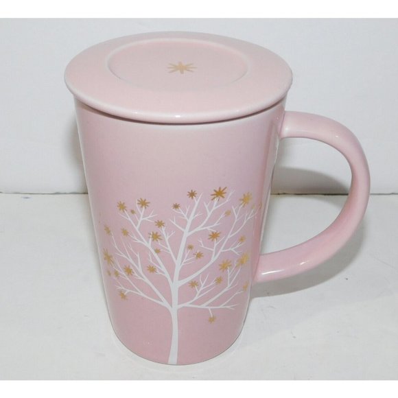Davids Tea Perfect Mug Cool Pink Starry Tree with Lid 12 oz White Gold- - Picture 2 of 9